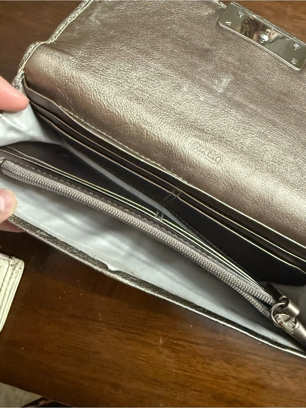 Coach Metallic Pewter Leather Wallet Clutch